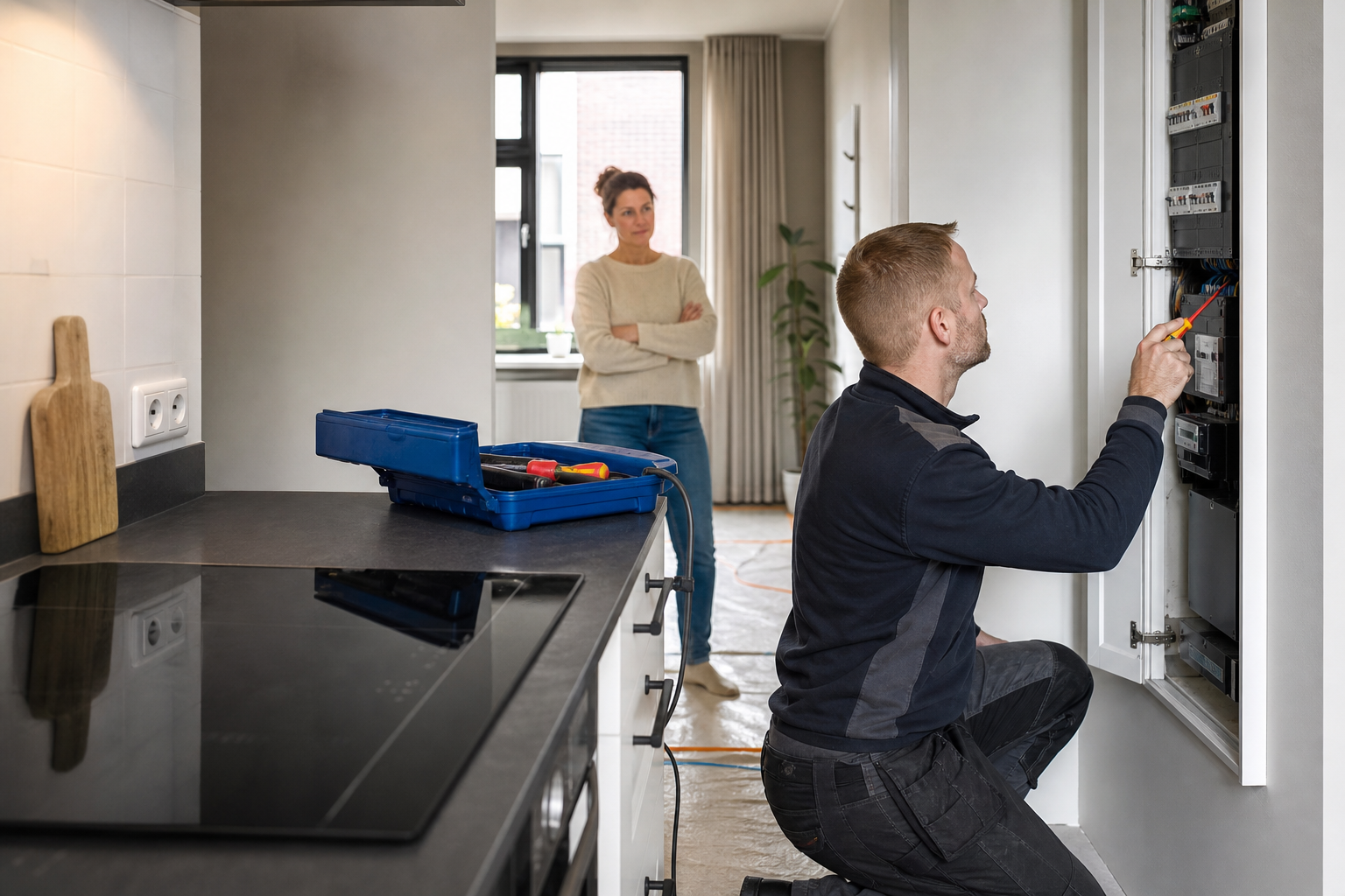 Elektricien inspecteert de groepenkast naast een keuken met inductiekookplaat