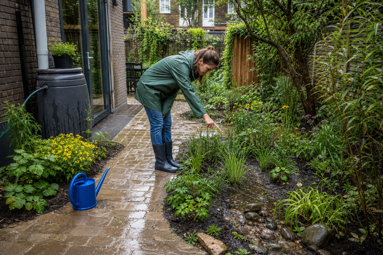 Bewoner bekijkt na een regenbui de beplante regentuin naast een doorlatend tuinpad