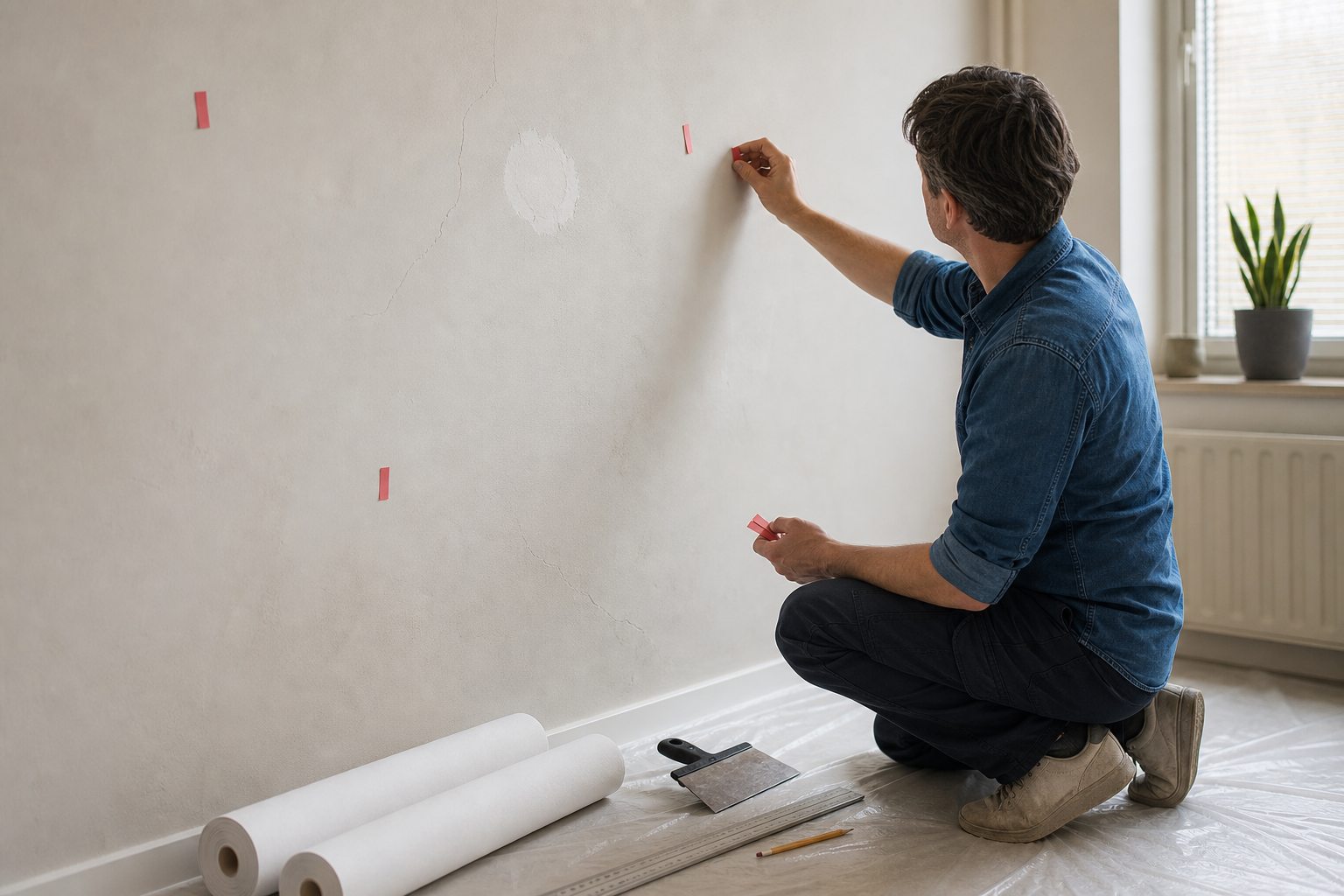 Bewoner markeert kleine scheuren en oneffenheden in een binnenmuur voor herstel