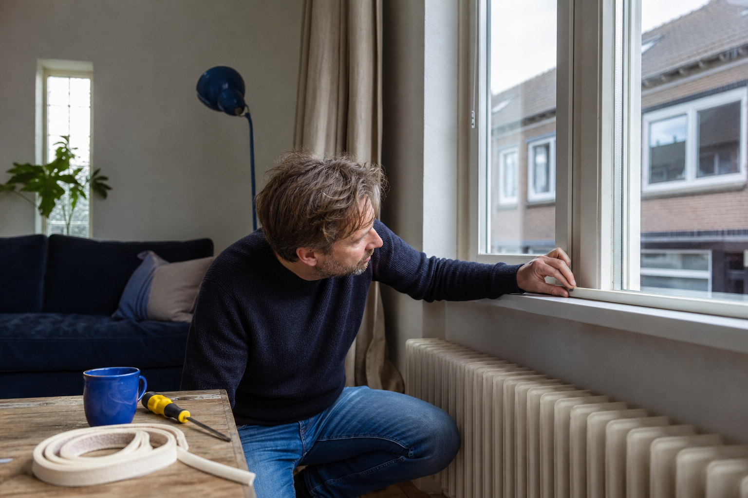 Bewoner controleert in de woonkamer de aansluiting van een raam boven de radiator