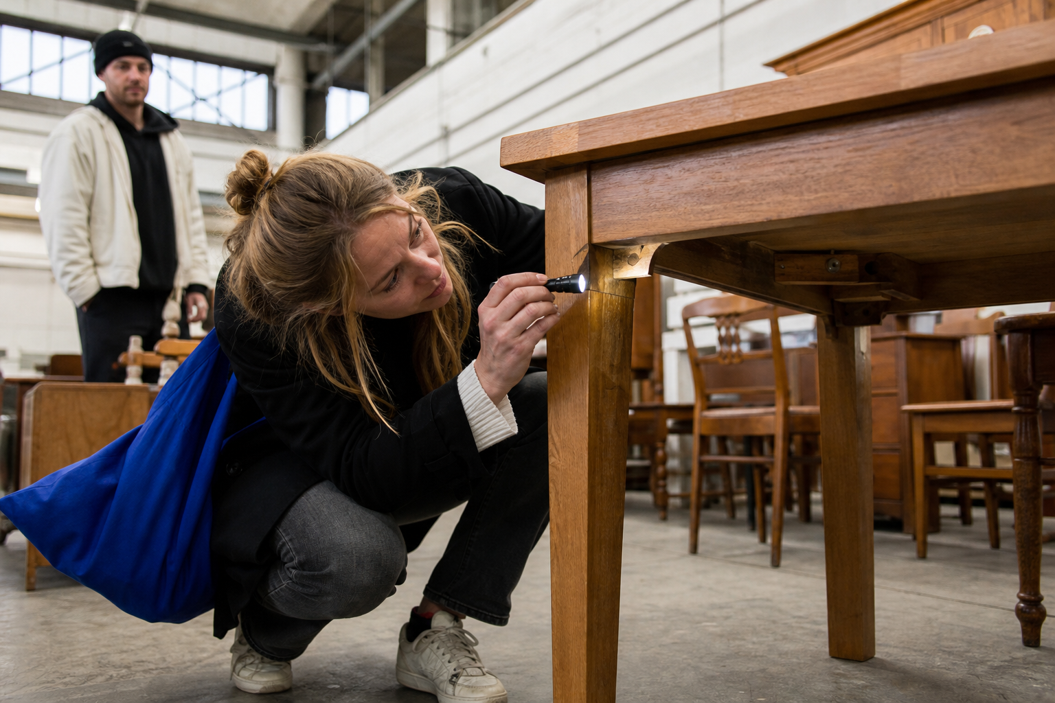 Koper bekijkt met een zaklamp de houtverbinding onder een tweedehands tafel